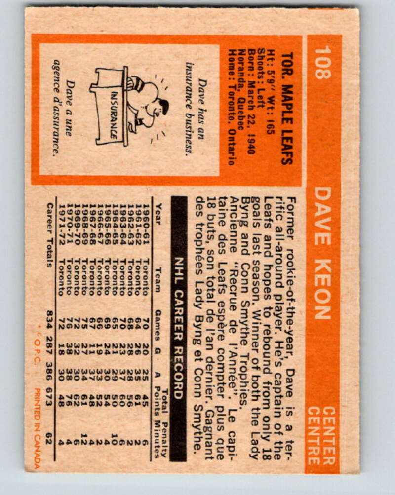 1972-73 O-Pee-Chee #108 Dave Keon Toronto Maple Leafs V3777