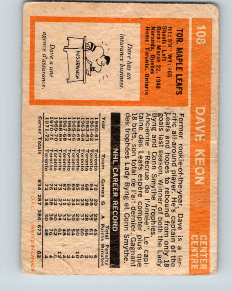 1972-73 O-Pee-Chee #108 Dave Keon Toronto Maple Leafs V3778