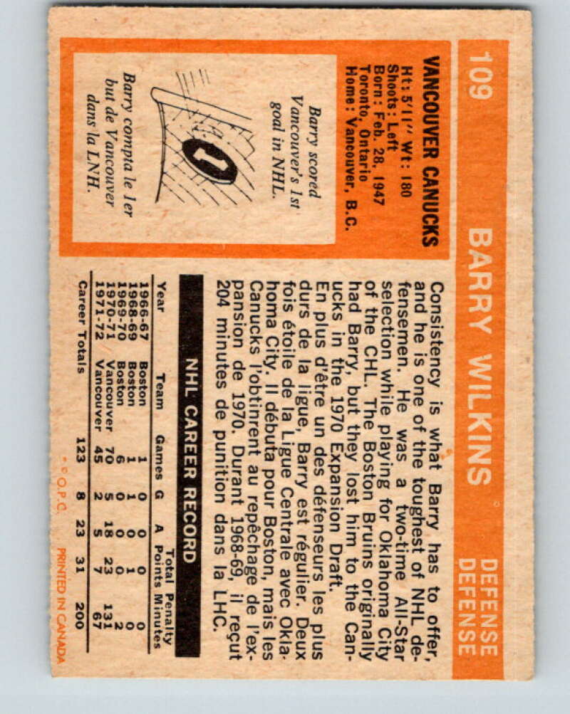 1972-73 O-Pee-Chee #109 Barry Wilkins Vancouver Canucks V3779