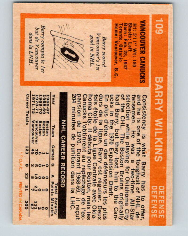 1972-73 O-Pee-Chee #109 Barry Wilkins Vancouver Canucks V3780
