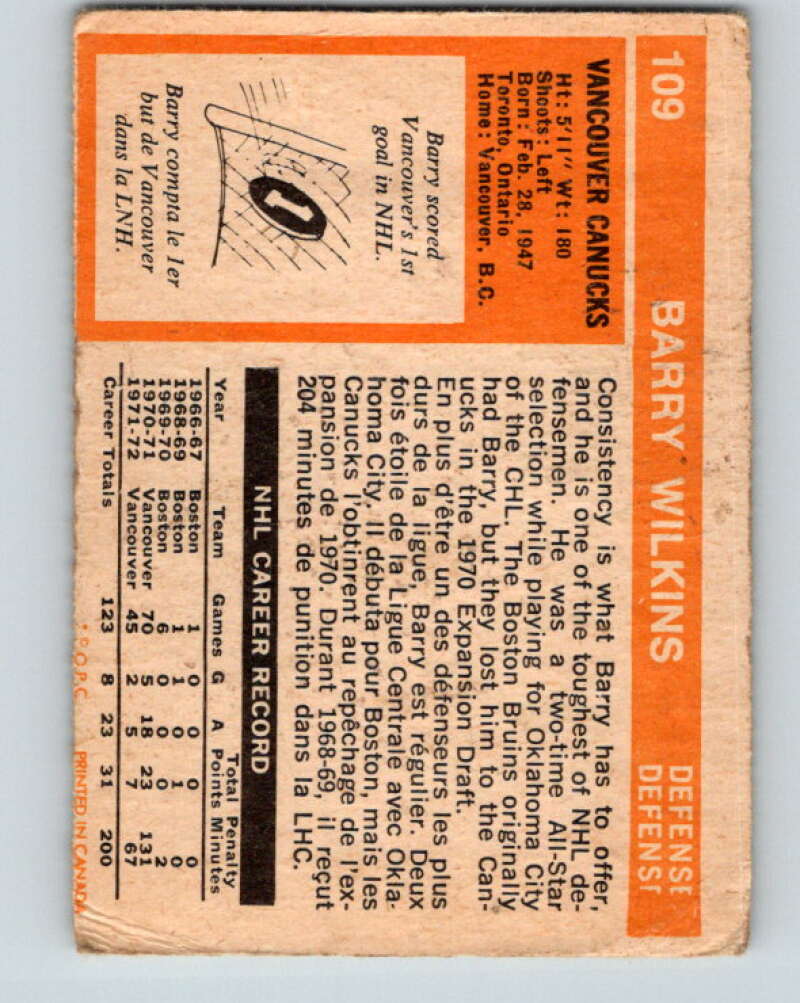 1972-73 O-Pee-Chee #109 Barry Wilkins Vancouver Canucks V3781