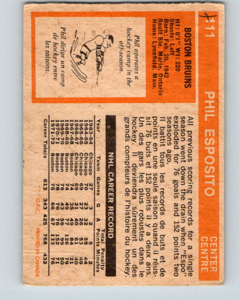 1972-73 O-Pee-Chee #111 Phil Esposito Boston Bruins V3788
