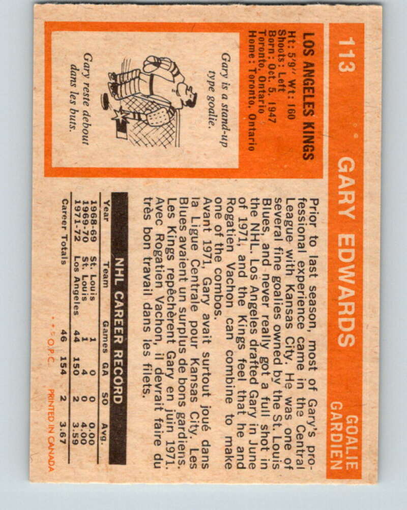 1972-73 O-Pee-Chee #113 Gary Edwards Los Angeles Kings V3790