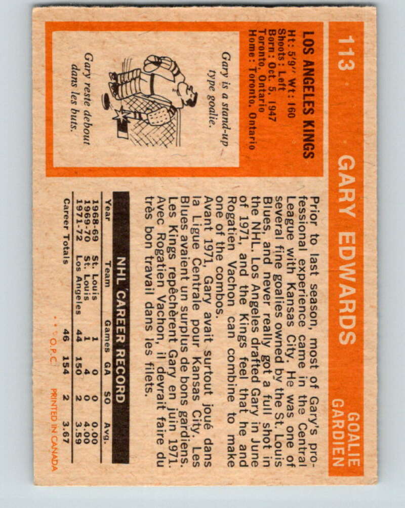 1972-73 O-Pee-Chee #113 Gary Edwards Los Angeles Kings V3791