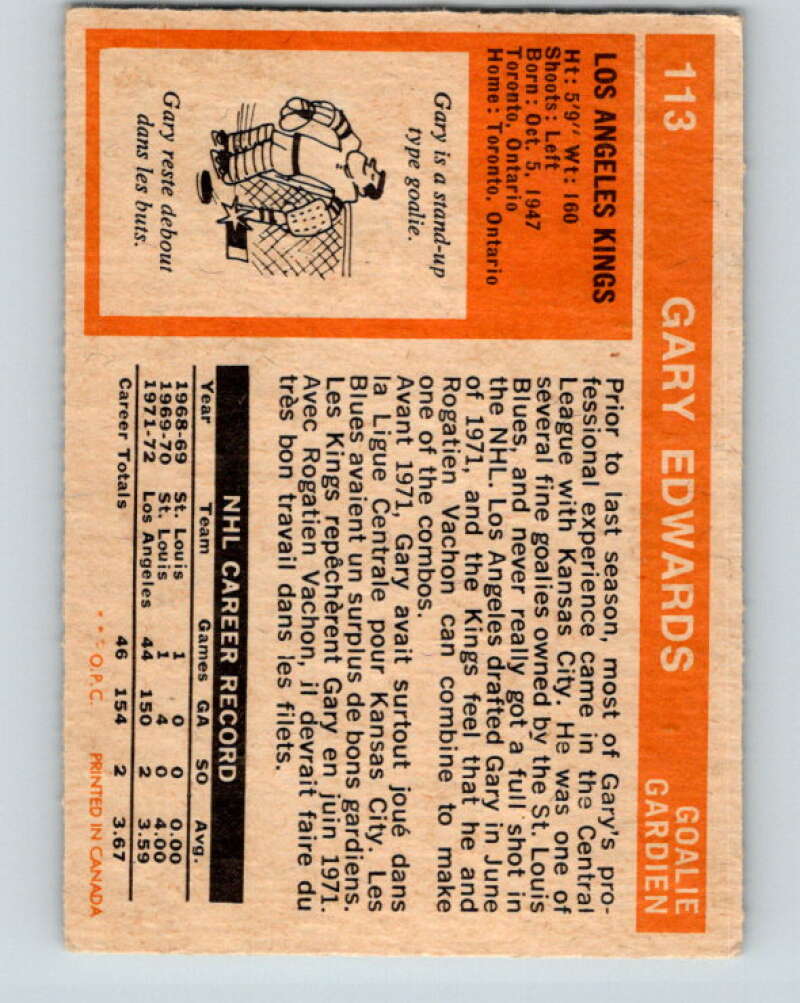 1972-73 O-Pee-Chee #113 Gary Edwards Los Angeles Kings V3792