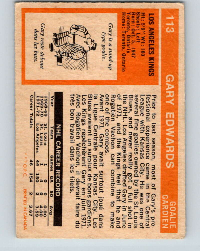 1972-73 O-Pee-Chee #113 Gary Edwards Los Angeles Kings V3793
