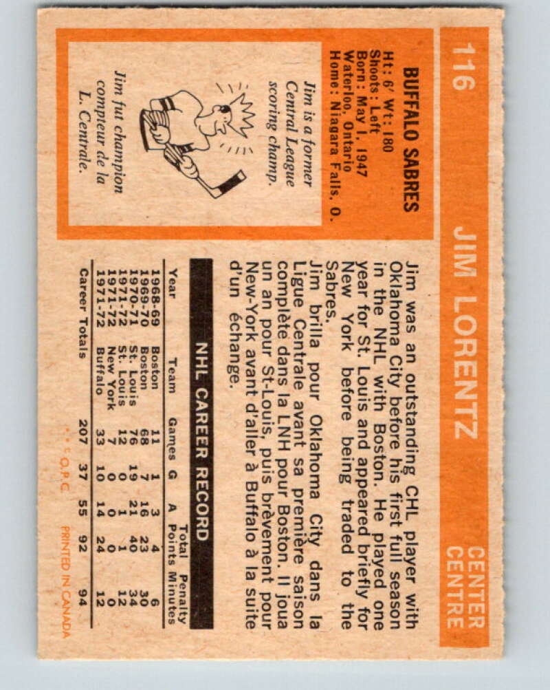 1972-73 O-Pee-Chee #116 Jim Lorentz Buffalo Sabres V3795
