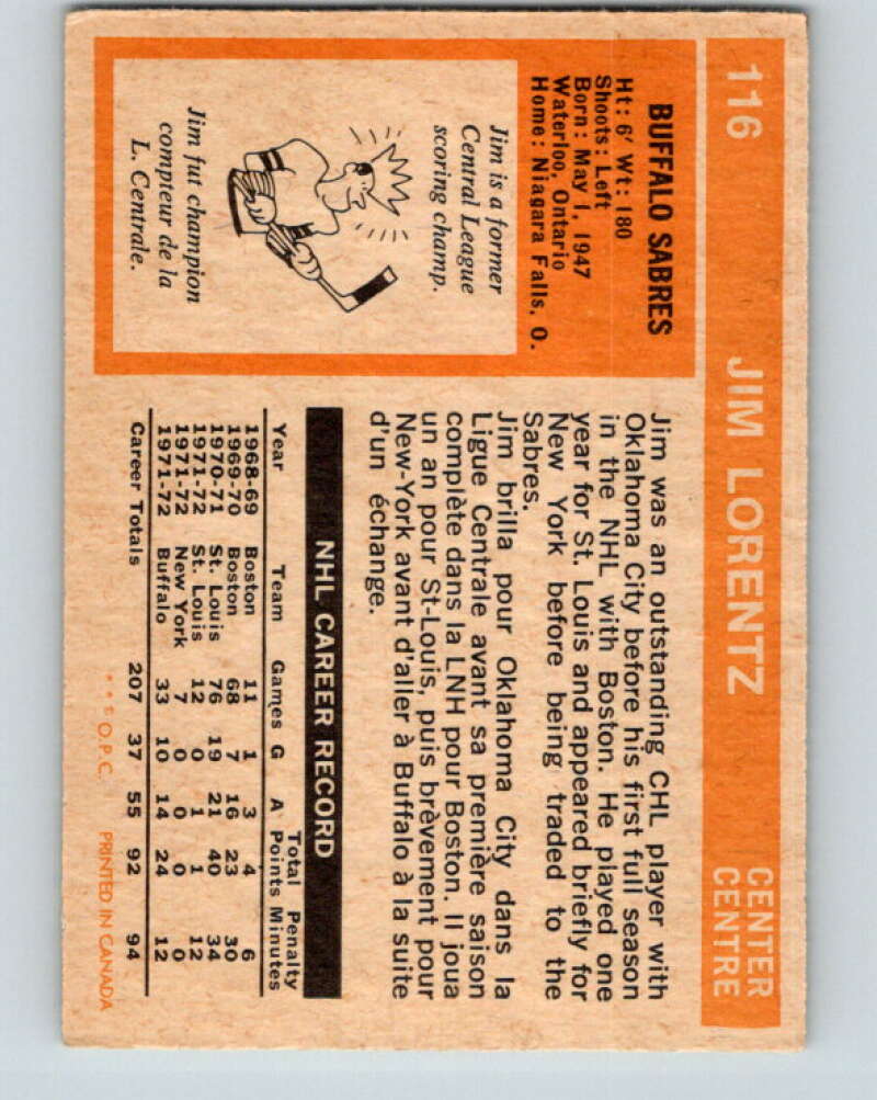 1972-73 O-Pee-Chee #116 Jim Lorentz Buffalo Sabres V3796