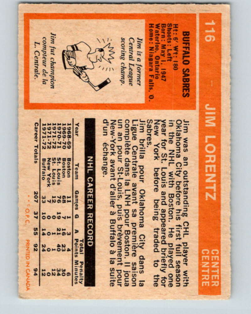 1972-73 O-Pee-Chee #116 Jim Lorentz Buffalo Sabres V3798