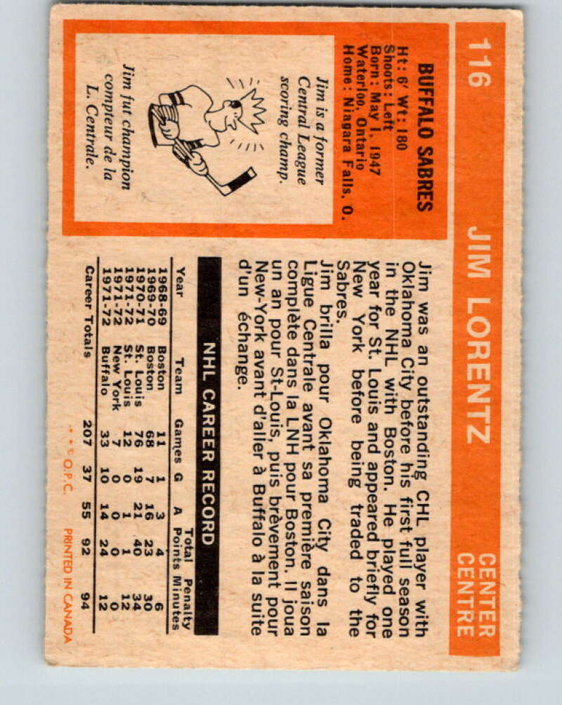 1972-73 O-Pee-Chee #116 Jim Lorentz Buffalo Sabres V3799