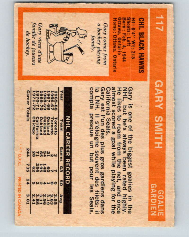 1972-73 O-Pee-Chee #117 Gary Smith Chicago Blackhawks V3800