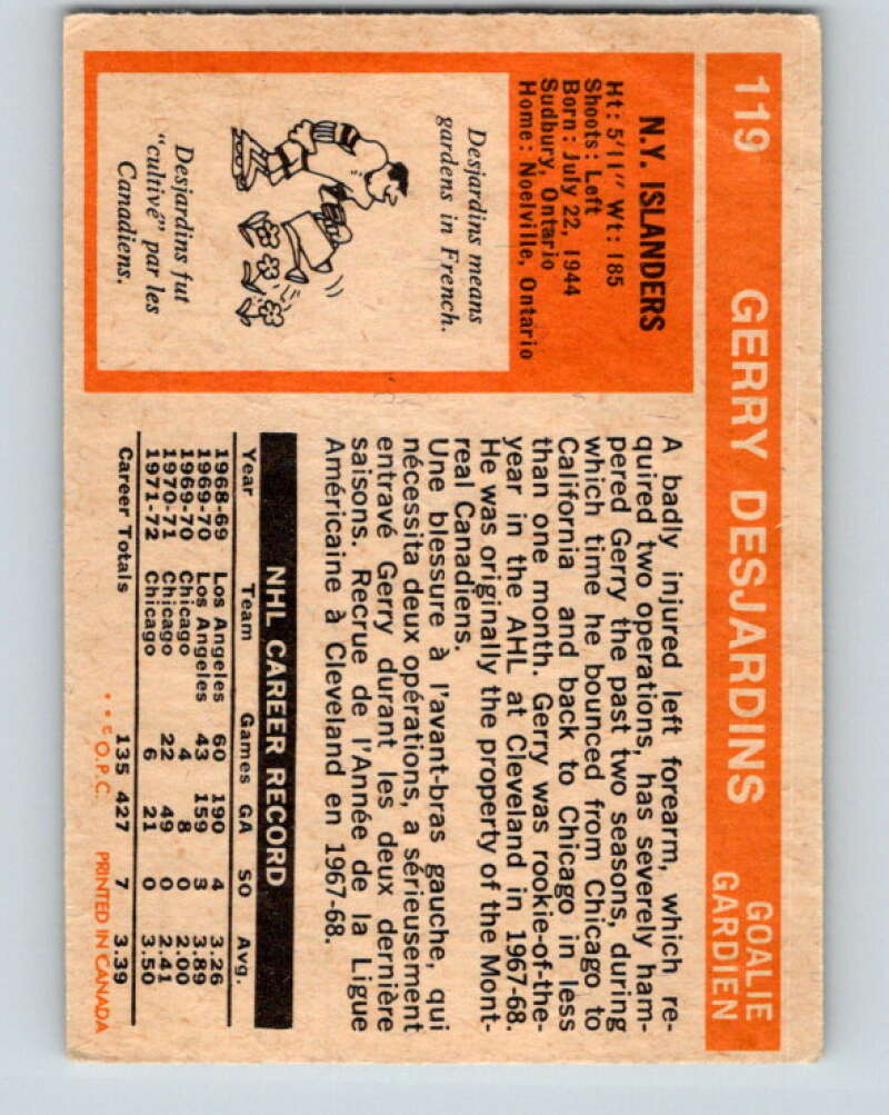1972-73 O-Pee-Chee #119 Gerry Desjardins New York Islanders V3806
