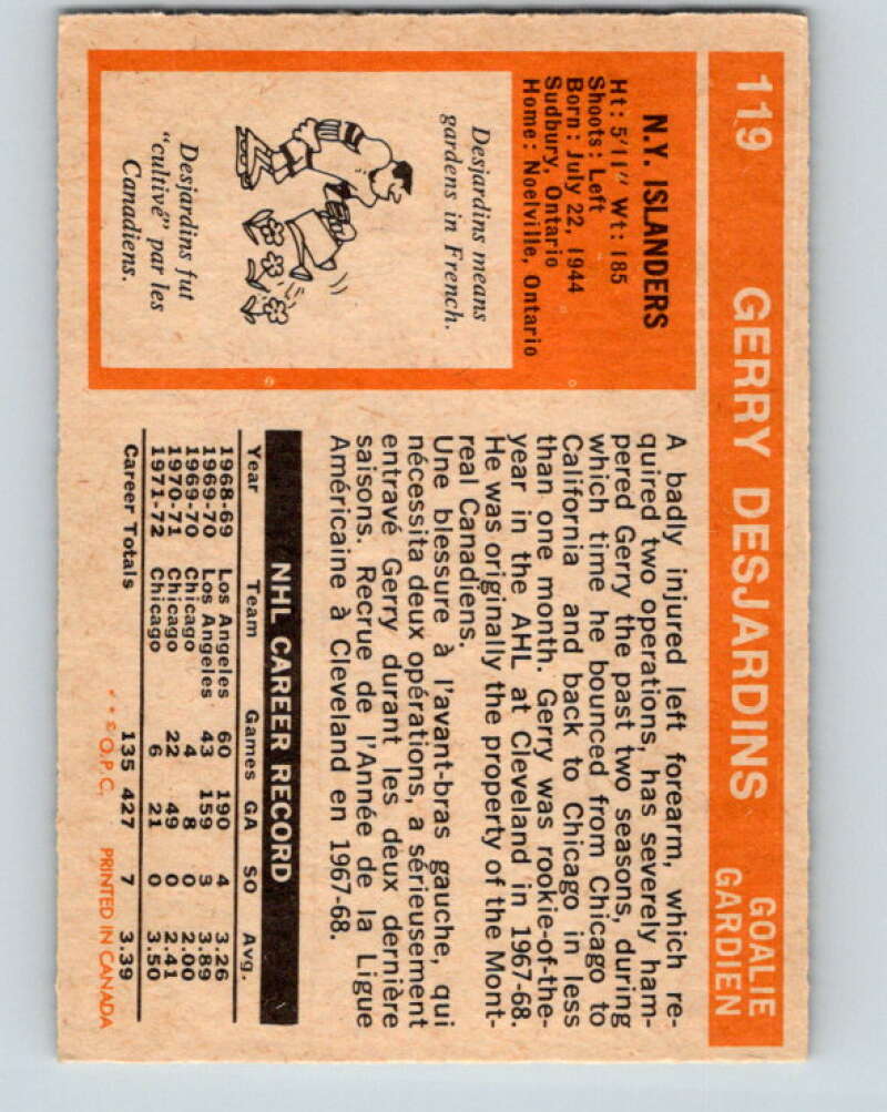 1972-73 O-Pee-Chee #119 Gerry Desjardins New York Islanders V3807