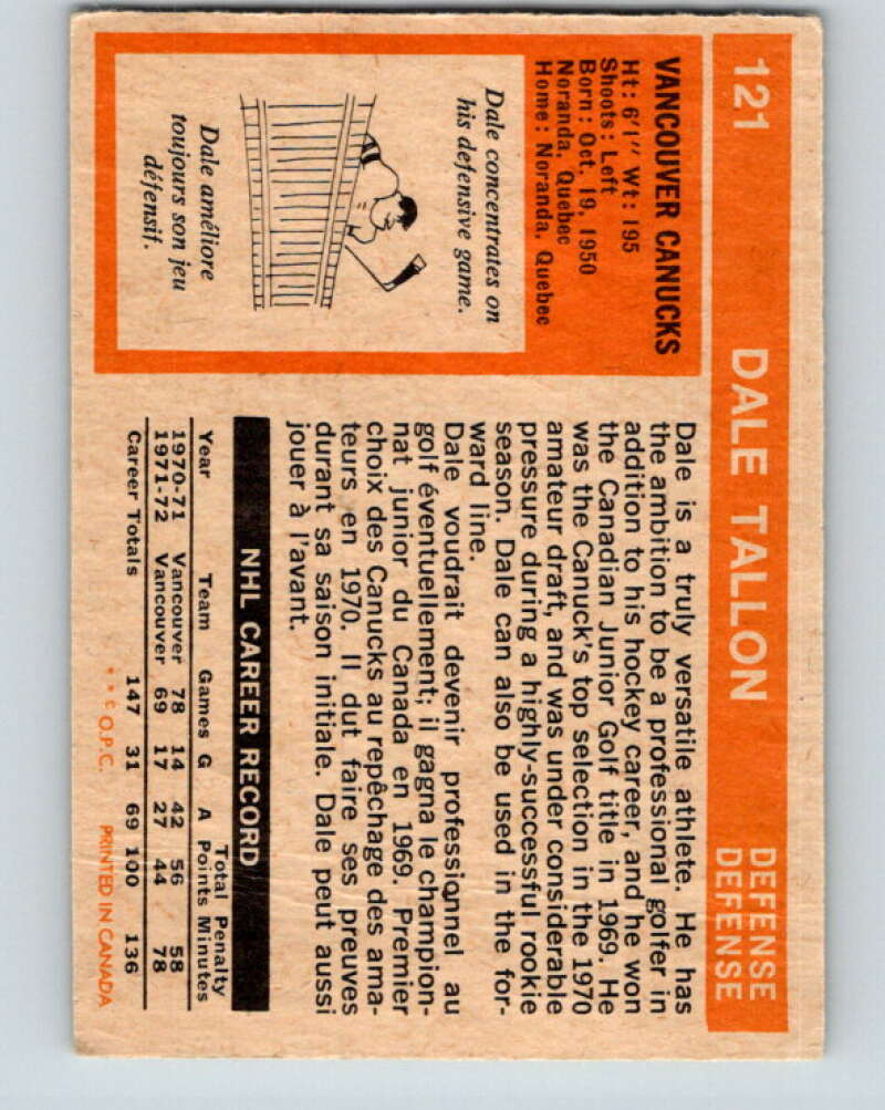 1972-73 O-Pee-Chee #121 Dale Tallon Vancouver Canucks V3811