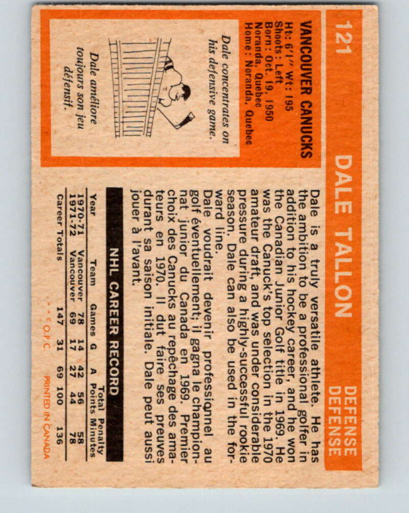 1972-73 O-Pee-Chee #121 Dale Tallon Vancouver Canucks V3812