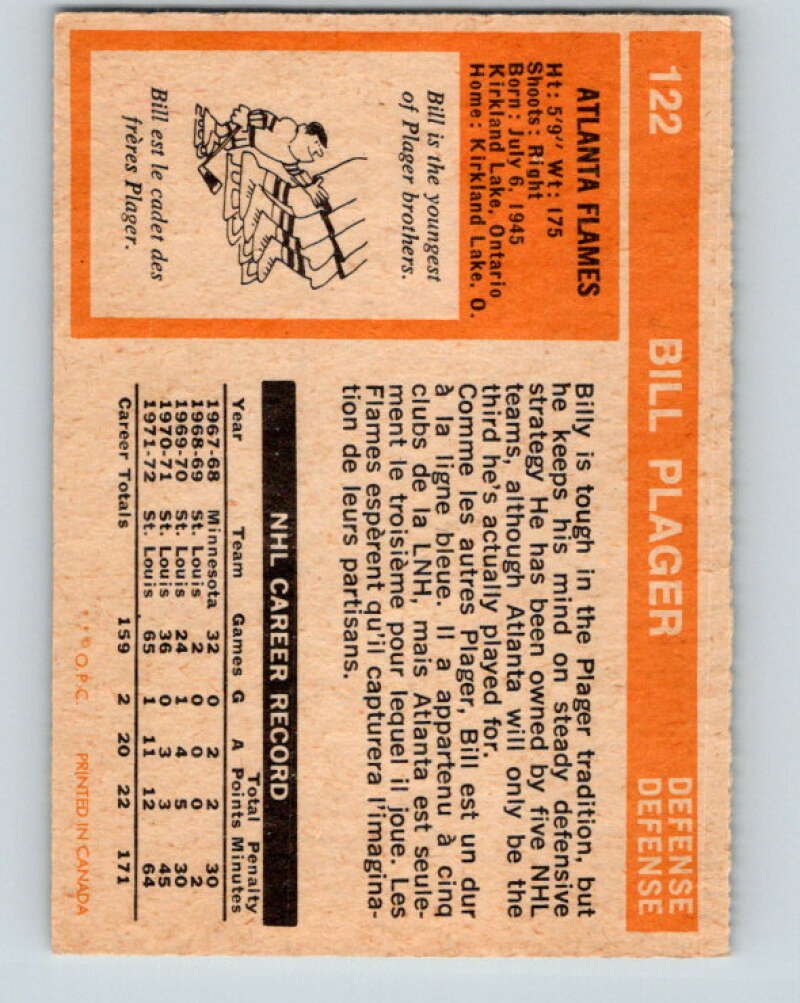 1972-73 O-Pee-Chee #122 Bill Plager RC Rookie Atlanta Flames V3813