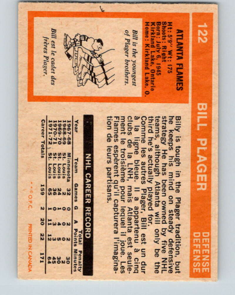 1972-73 O-Pee-Chee #122 Bill Plager RC Rookie Atlanta Flames V3814