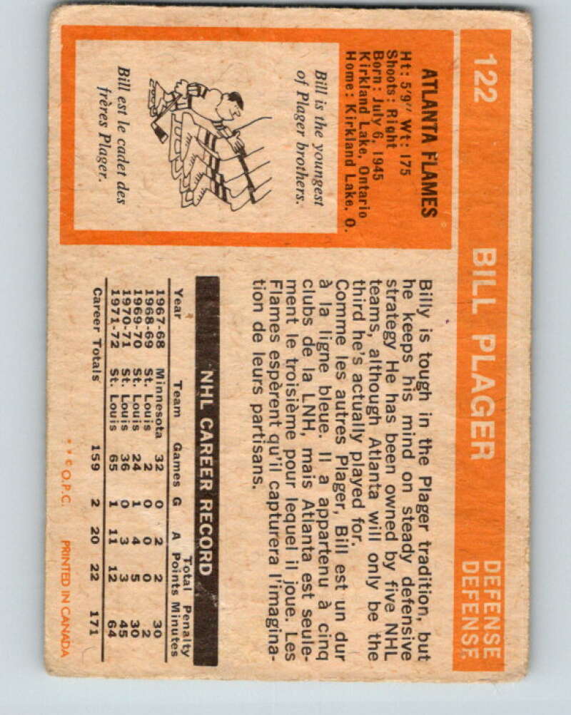 1972-73 O-Pee-Chee #122 Bill Plager RC Rookie Atlanta Flames V3815