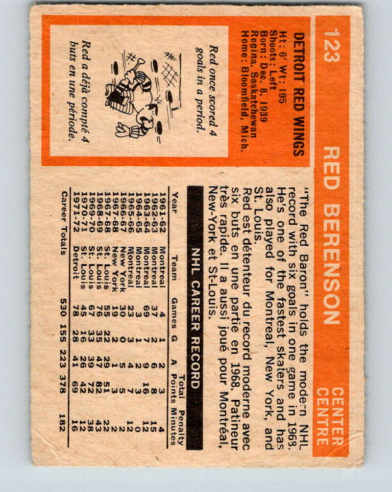 1972-73 O-Pee-Chee #123 Red Berenson Detroit Red Wings V3819