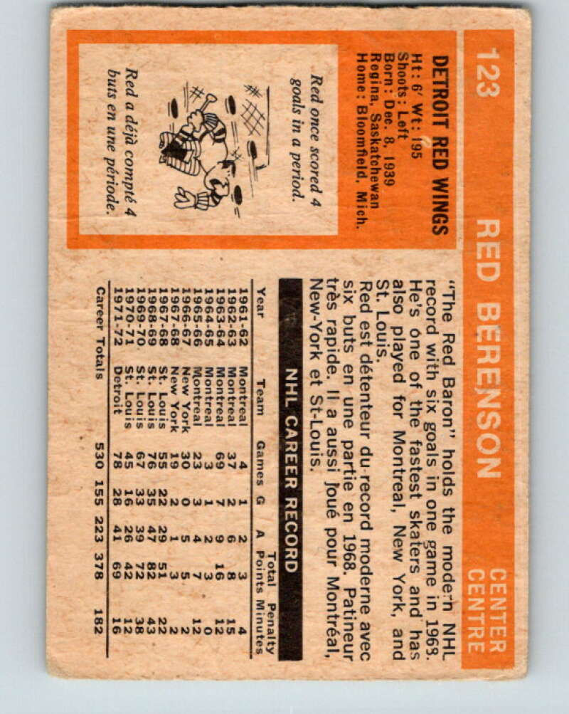 1972-73 O-Pee-Chee #123 Red Berenson Detroit Red Wings V3824