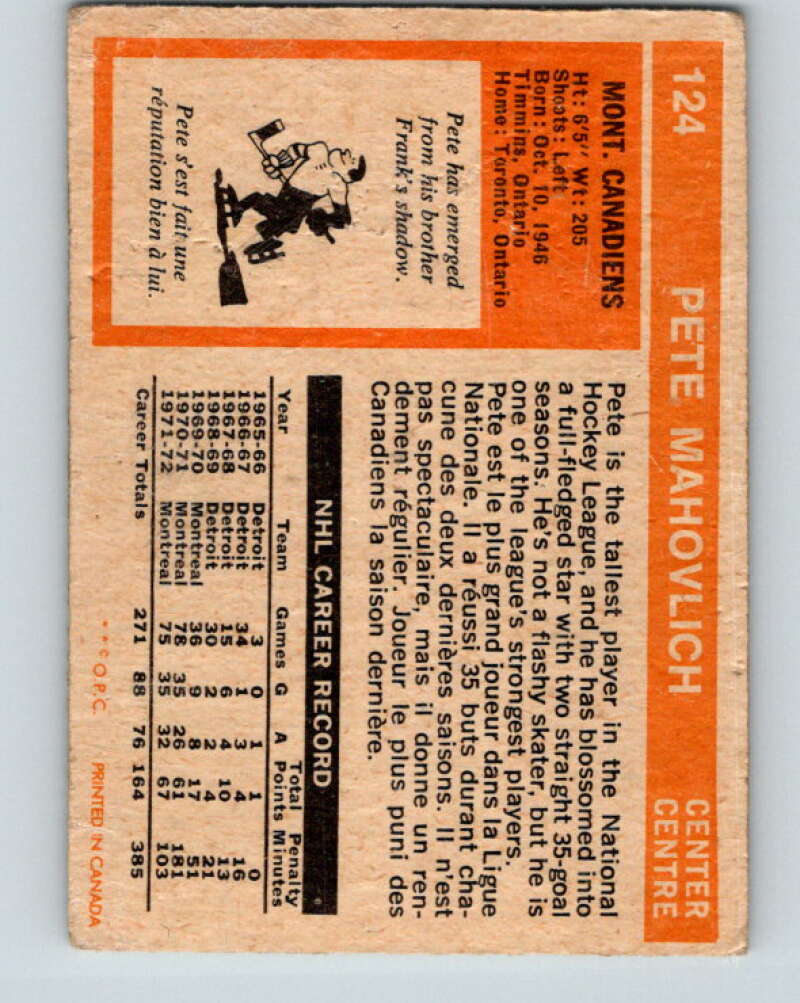 1972-73 O-Pee-Chee #124 Pete Mahovlich Montreal Canadiens V3832