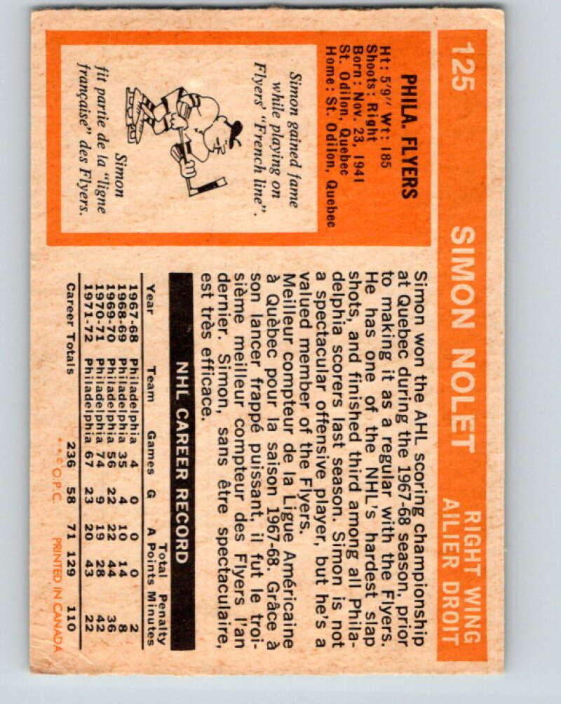 1972-73 O-Pee-Chee #125 Simon Nolet Philadelphia Flyers V3835