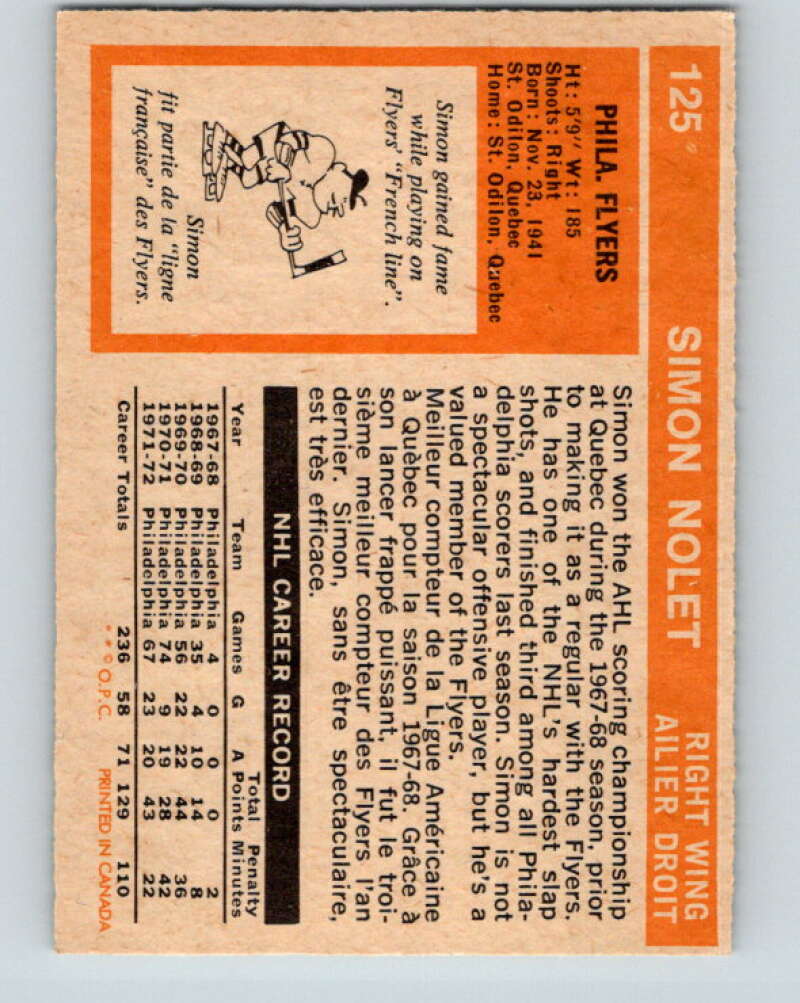 1972-73 O-Pee-Chee #125 Simon Nolet Philadelphia Flyers V3836
