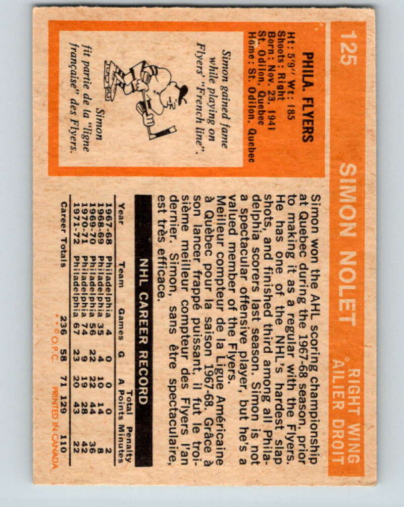 1972-73 O-Pee-Chee #125 Simon Nolet Philadelphia Flyers V3837