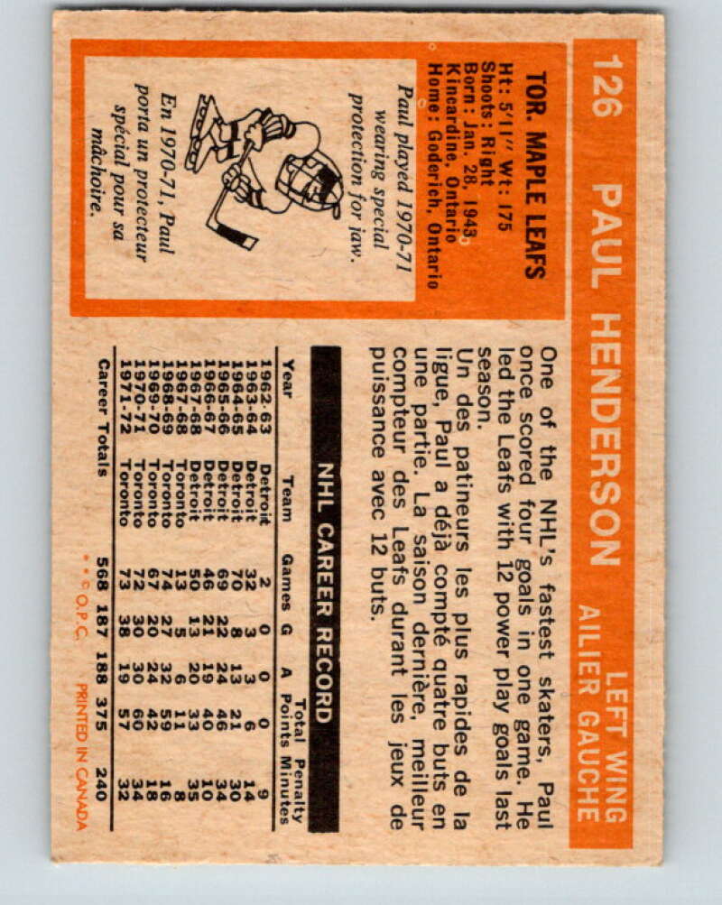 1972-73 O-Pee-Chee #126 Paul Henderson Toronto Maple Leafs V3838