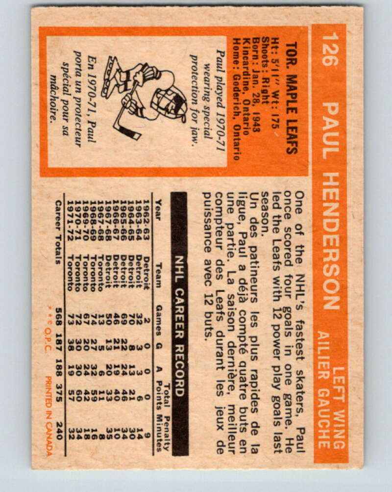 1972-73 O-Pee-Chee #126 Paul Henderson Toronto Maple Leafs V3839