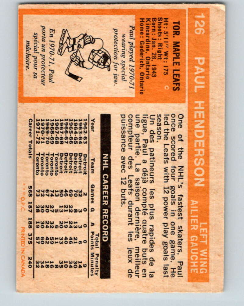 1972-73 O-Pee-Chee #126 Paul Henderson Toronto Maple Leafs V3840