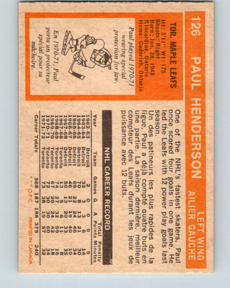 1972-73 O-Pee-Chee #126 Paul Henderson Toronto Maple Leafs V3843