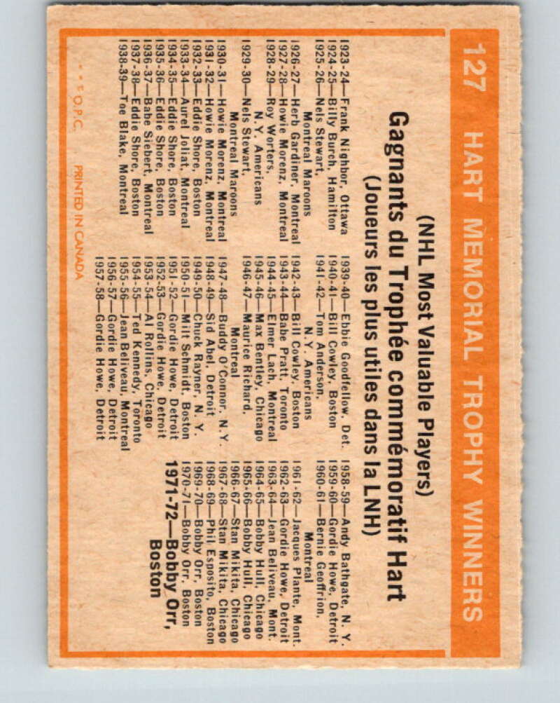 1972-73 O-Pee-Chee #127 Hart Trophy Winners V3845