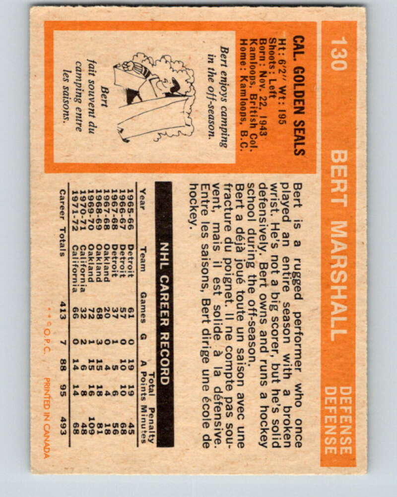 1972-73 O-Pee-Chee #130 Bert Marshall California Golden Seals V3854