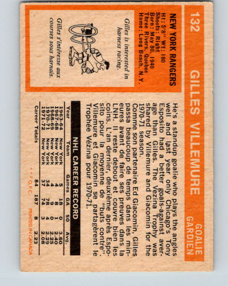 1972-73 O-Pee-Chee #132 Gilles Villemure New York Rangers V3860