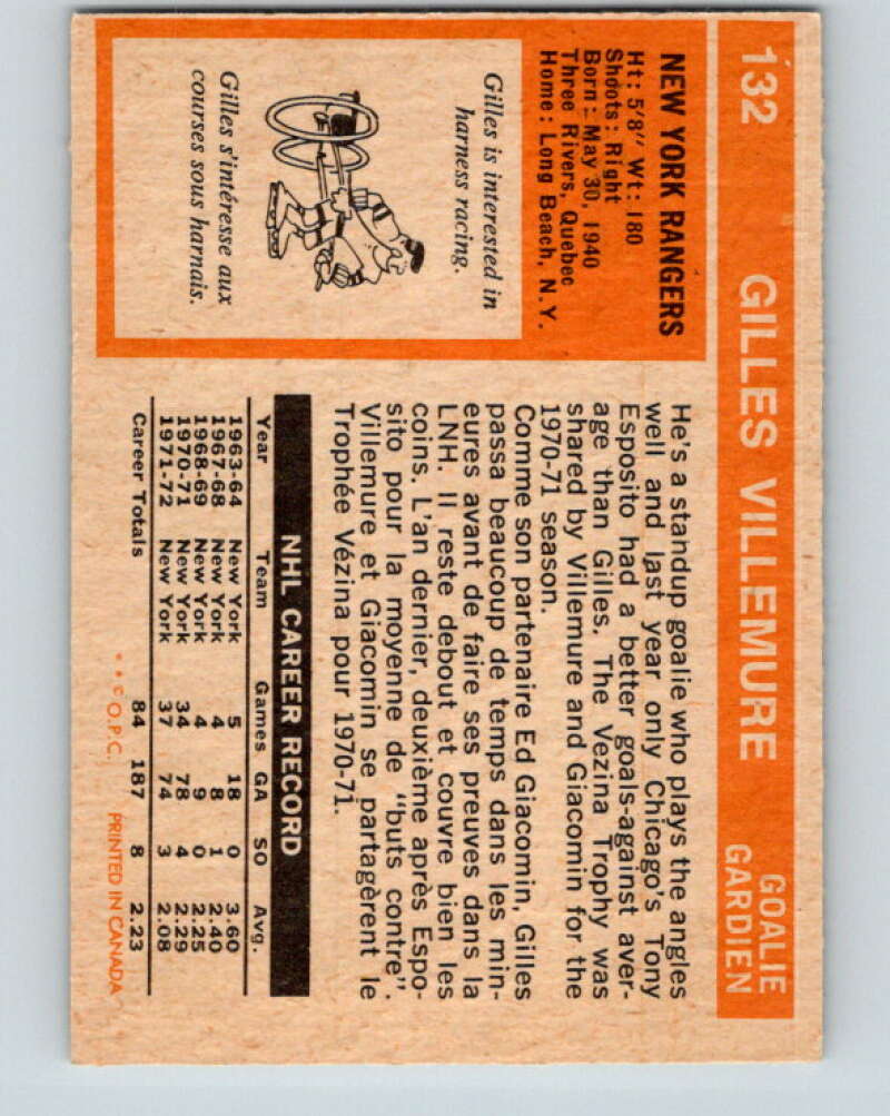 1972-73 O-Pee-Chee #132 Gilles Villemure New York Rangers V3862