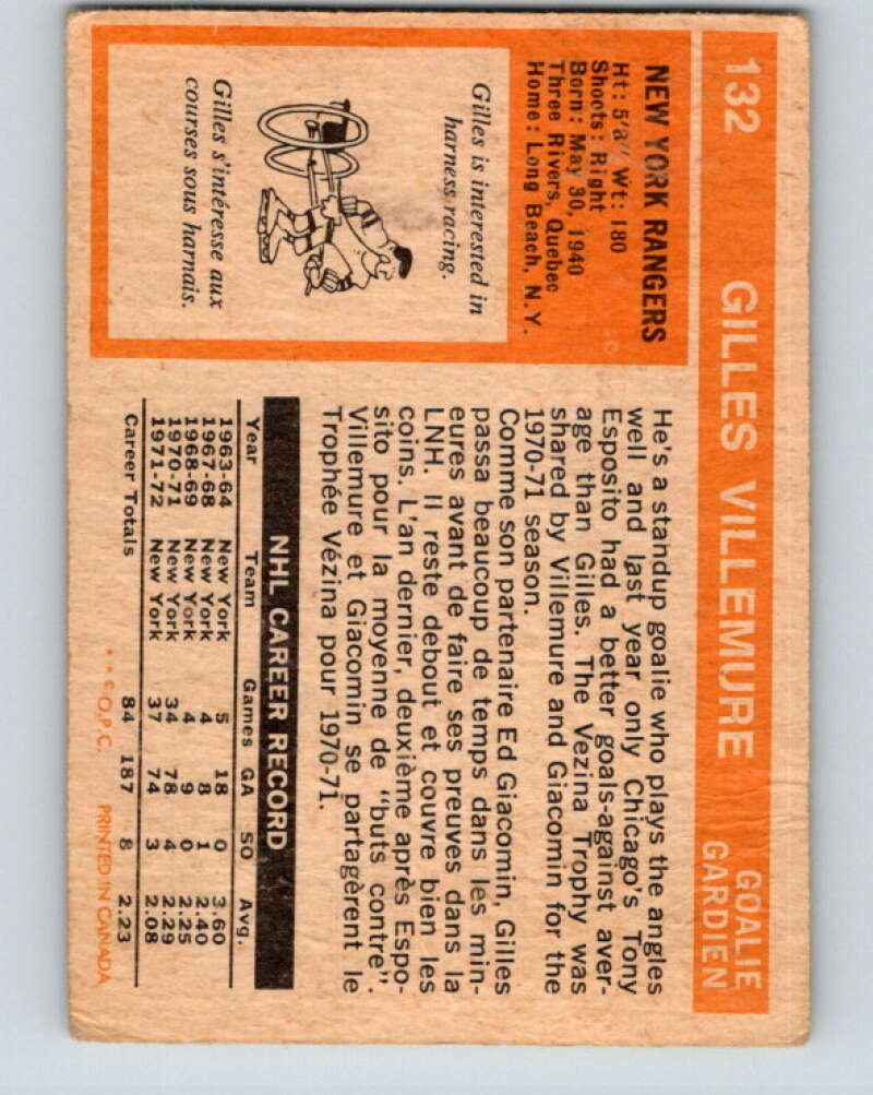 1972-73 O-Pee-Chee #132 Gilles Villemure New York Rangers V3863