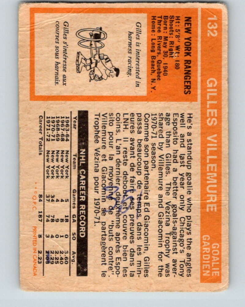 1972-73 O-Pee-Chee #132 Gilles Villemure New York Rangers V3864