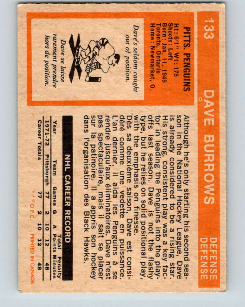 1972-73 O-Pee-Chee #133 Dave Burrows RC Rookie Pittsburgh Penguins V3865