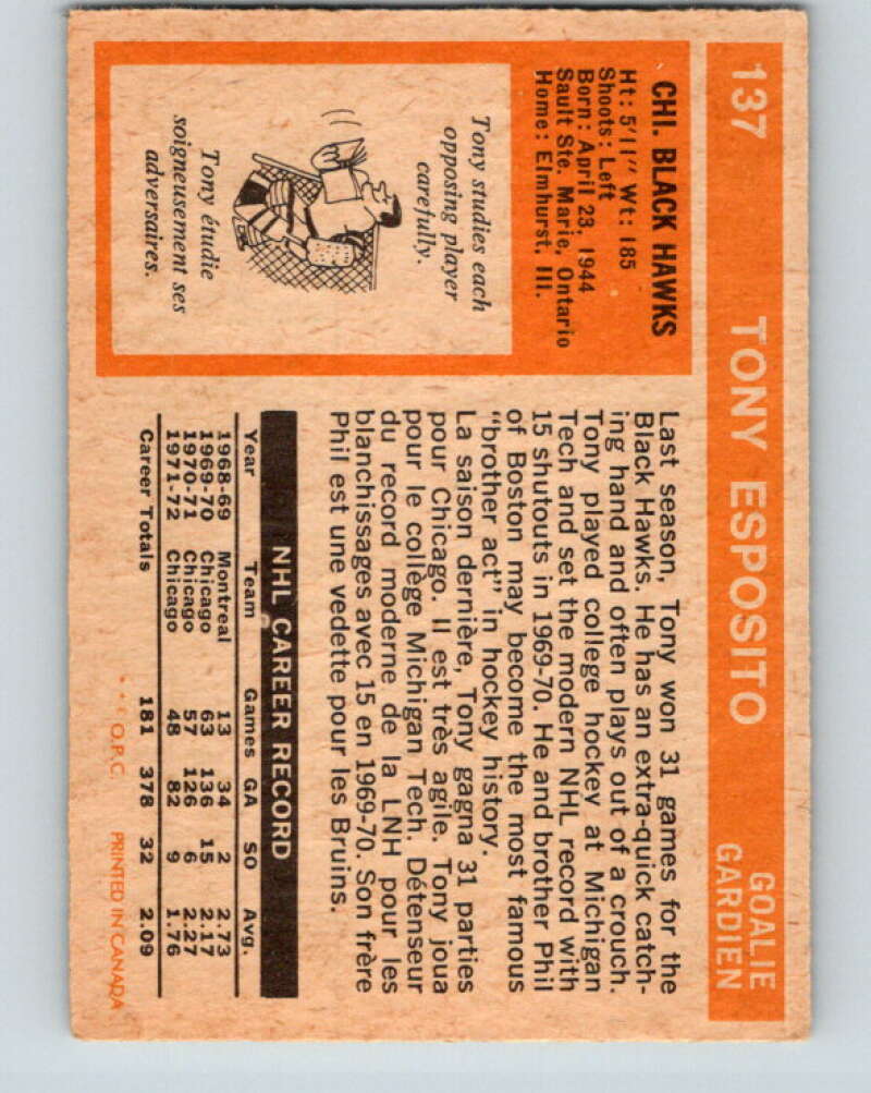 1972-73 O-Pee-Chee #137 Tony Esposito Chicago Blackhawks V3875