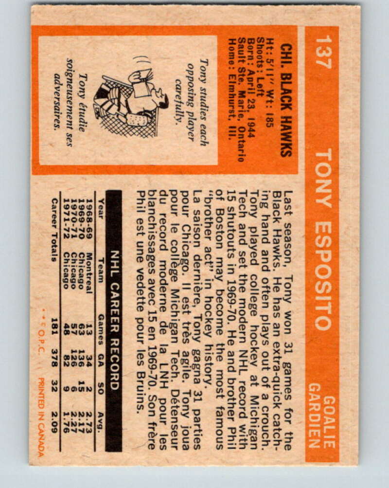 1972-73 O-Pee-Chee #137 Tony Esposito Chicago Blackhawks V3876