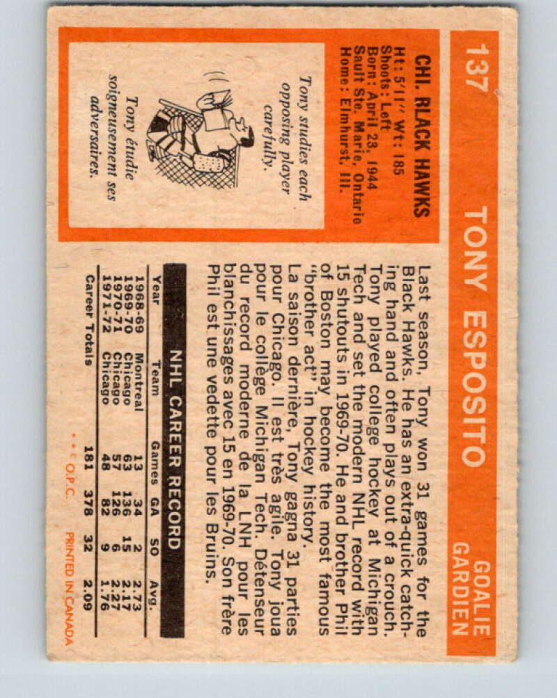 1972-73 O-Pee-Chee #137 Tony Esposito Chicago Blackhawks V3880