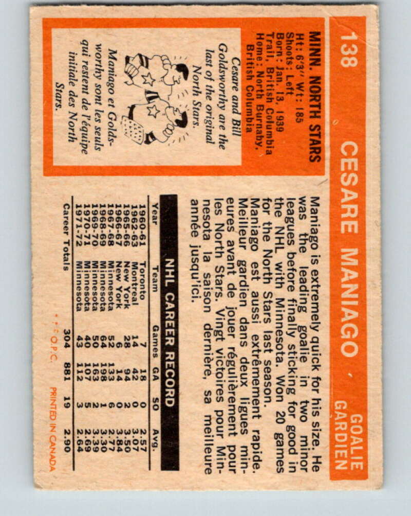 1972-73 O-Pee-Chee #138 Cesare Maniago Minnesota North Stars V3881