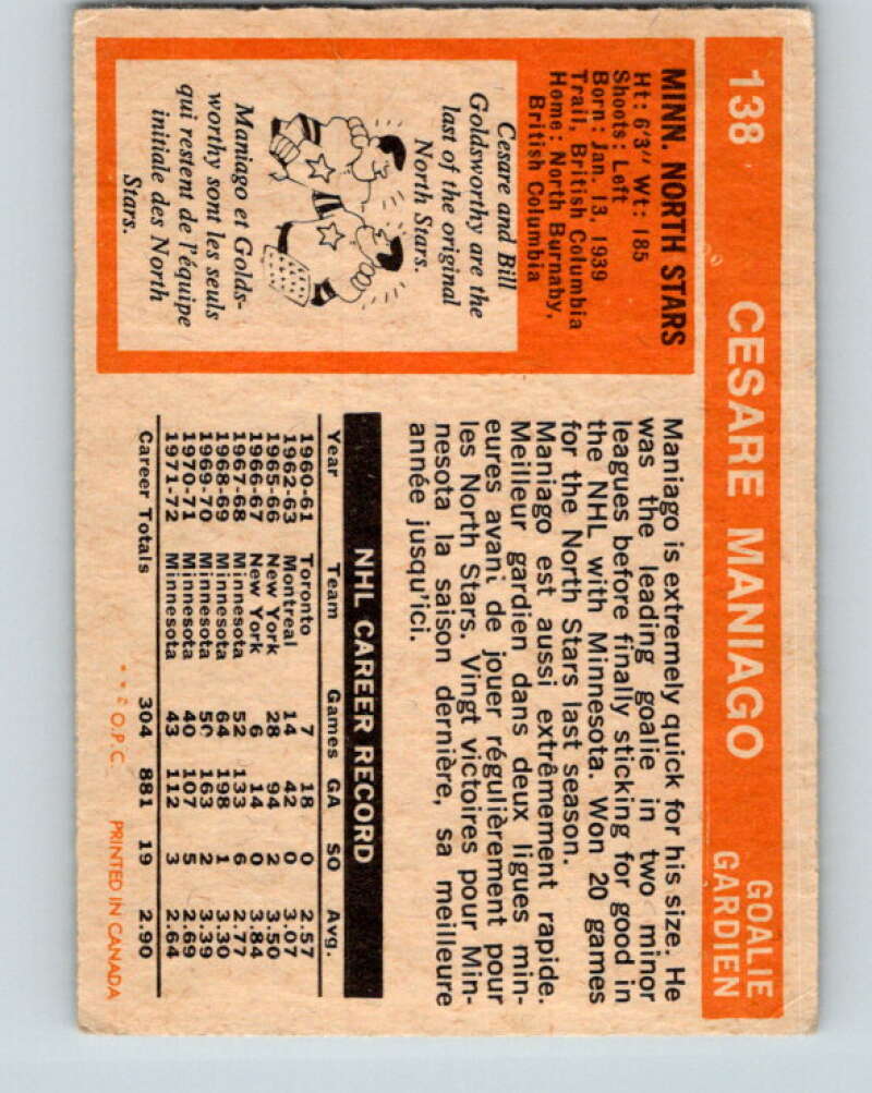 1972-73 O-Pee-Chee #138 Cesare Maniago Minnesota North Stars V3882