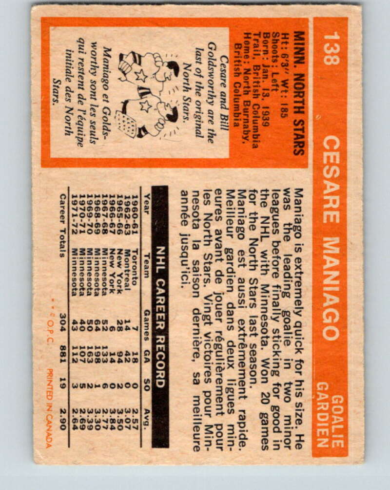 1972-73 O-Pee-Chee #138 Cesare Maniago Minnesota North Stars V3883