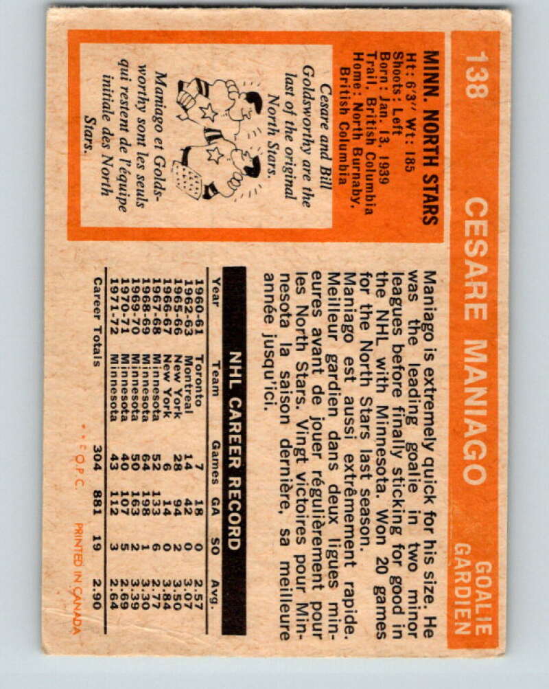 1972-73 O-Pee-Chee #138 Cesare Maniago Minnesota North Stars V3884