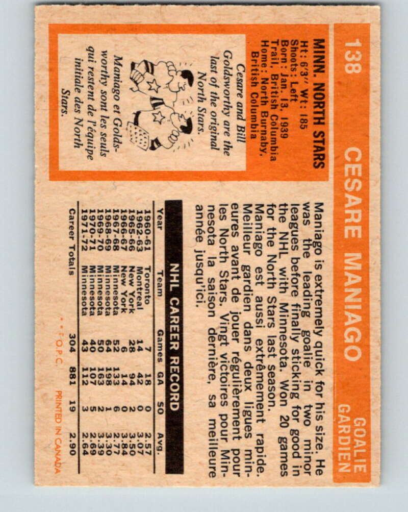 1972-73 O-Pee-Chee #138 Cesare Maniago Minnesota North Stars V3885