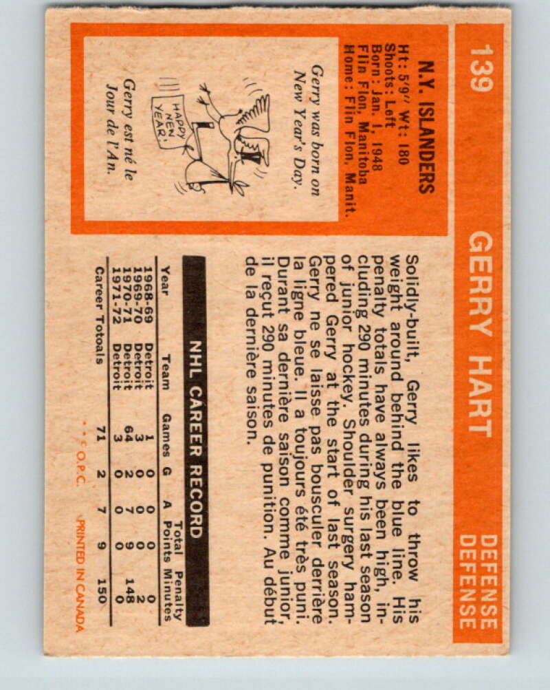 1972-73 O-Pee-Chee #139 Gerry Hart RC Rookie New York Islanders V3886