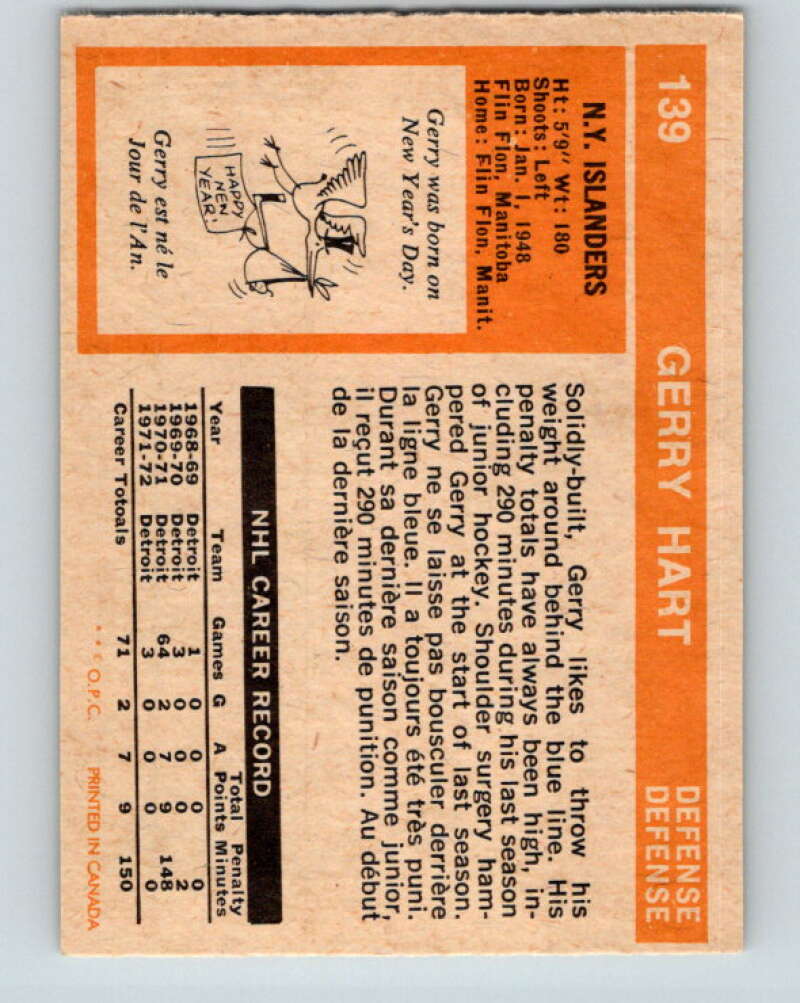 1972-73 O-Pee-Chee #139 Gerry Hart RC Rookie New York Islanders V3887