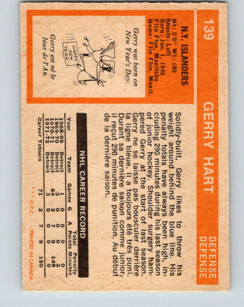 1972-73 O-Pee-Chee #139 Gerry Hart RC Rookie New York Islanders V3888